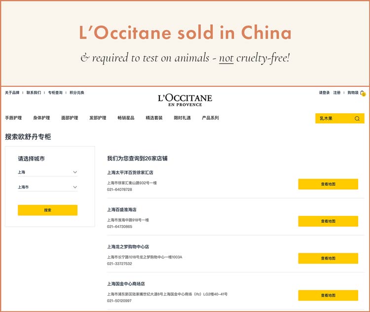 L'Occitane Sold in Stores in China, required to test on animals and cannot be cruelty-free!